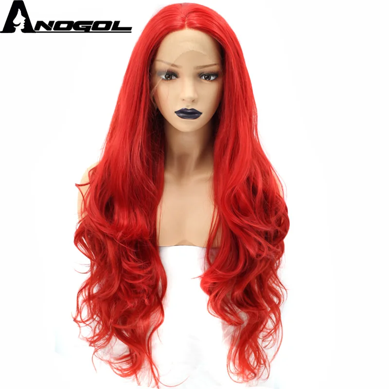 

Anogol Natural hairline Middle Part High Temperature Fiber Long Body Wave Red Synthetic Lace Front Wig For White Women