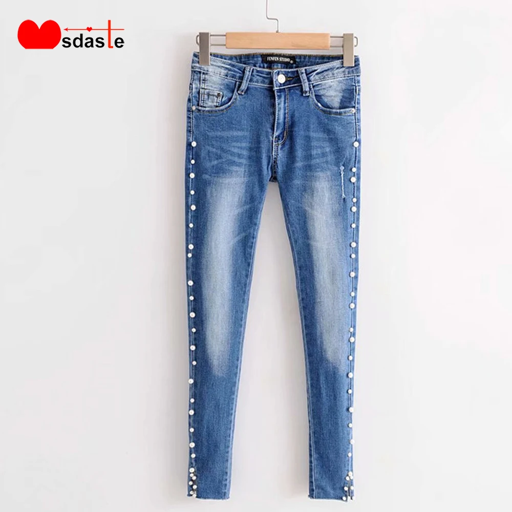 

Jeans Woman 2019 Autumn High Waist Slim Elastic Casual Trousers Jean Femme Vintage Blue Woman Denim Pants Beads Pencil Jeans