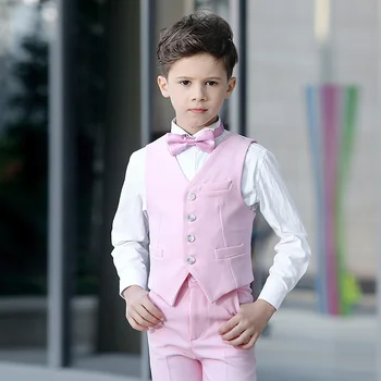 

Boy's Pink Handsome Suit 4pcs/Set Vest+Bowtie+Shirts+Pants Boys Wedding Party Performance Show Birthday Formal Blazers Suit Sets