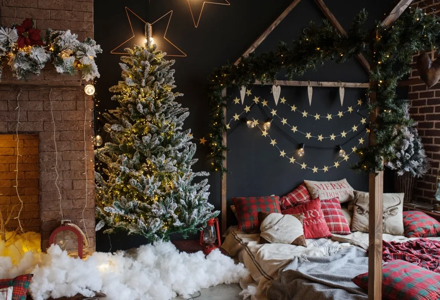 

Laeacco Christmas Tree Decor Fireplace Bed Scene Baby Photography Background Photographic Backdrops For Photo Studio Customized