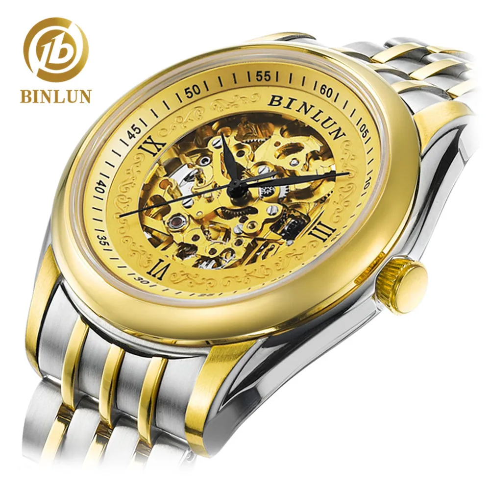 

BINLUN Luxury 18K Gold Skeleton Men's Automatic Watch Sapphire Golden Movement Mechanical Men's Business Skeleton Golden Watch