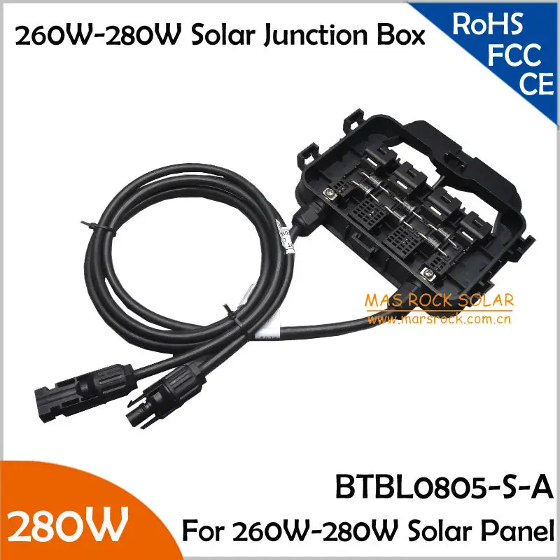 

260-280W High Power Solar Junction Box with 6 Diodes, MC4 Connector, 90CM Cable, Plastc Plugs, 2pcs/Lot Waterproof Junction Box