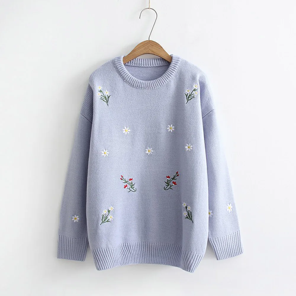 Pull Femme, осенне-зимний корейский свитер с вышивкой, пуловер, трикотажная повседневная одежда для девочек, осенне-зимний женский хлопковый свитер - Цвет: Синий
