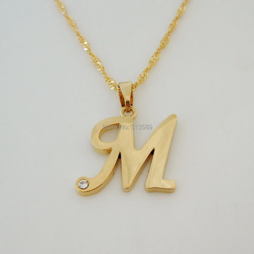 

Min order 10$ CAN MIX WITH OTHER STYLE - YELLOW - GOLD GP 18" NECKLACE& 26 LETTERS LETTER M INITIAL INITIALS PENDANT CZ/