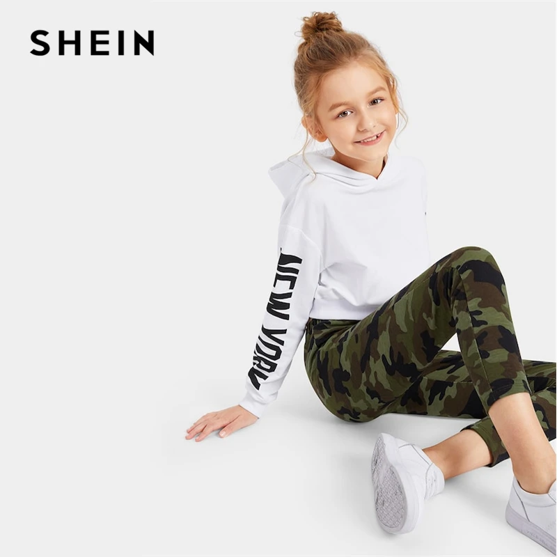 SHEIN Kiddie эластичный пояс камуфляж печати повседневные штаны для девочек мода уличная прямые брюки девушка леггинсы Дети брюки