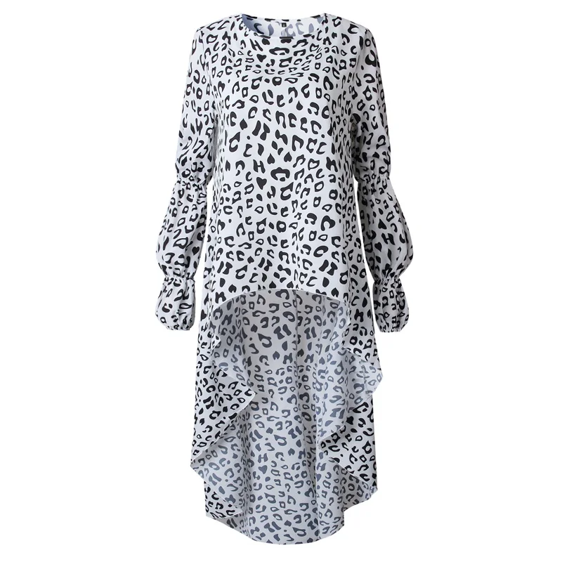 Спереди короткие сзади длинные женские топы и блузки с леопардовым принтом повседневные свободные женские Блузы с рюшами и длинным рукавом - Цвет: Black white