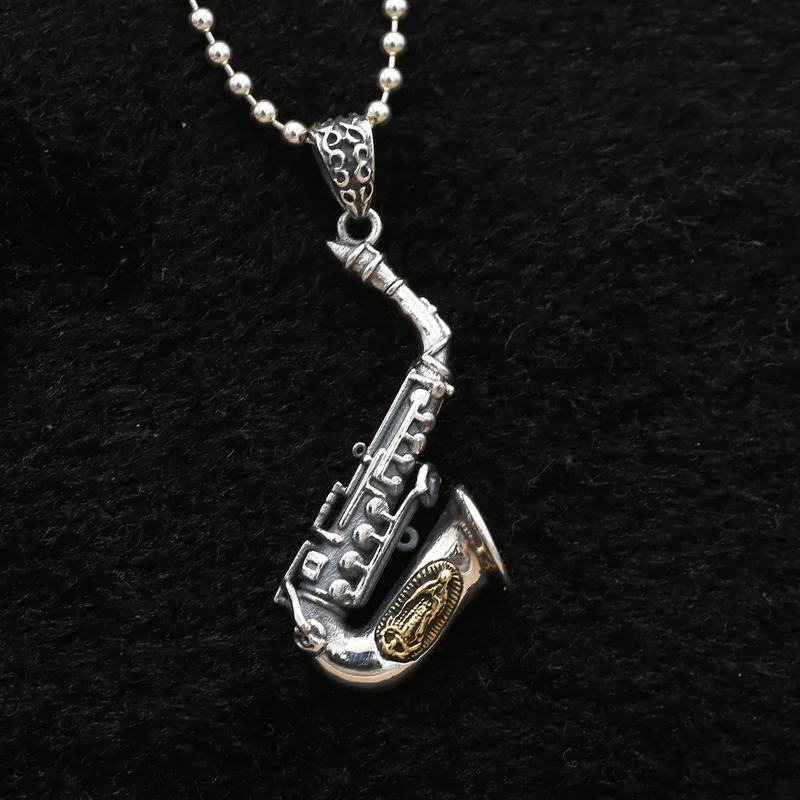Solid Silver 925 Saxophone Charms Pendant For Necklace Antique Sterling