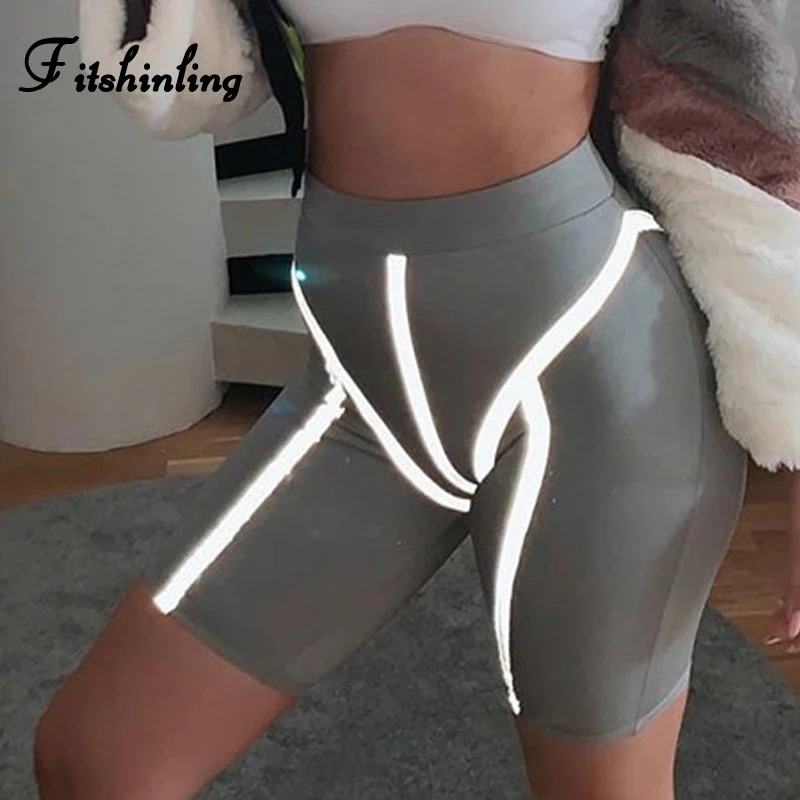 

Fitshinling Harajuku Reflective Biker Shorts Women Clothing Athleisure Fitness High Waist Short Feminino Bandage Sexy Bottoms