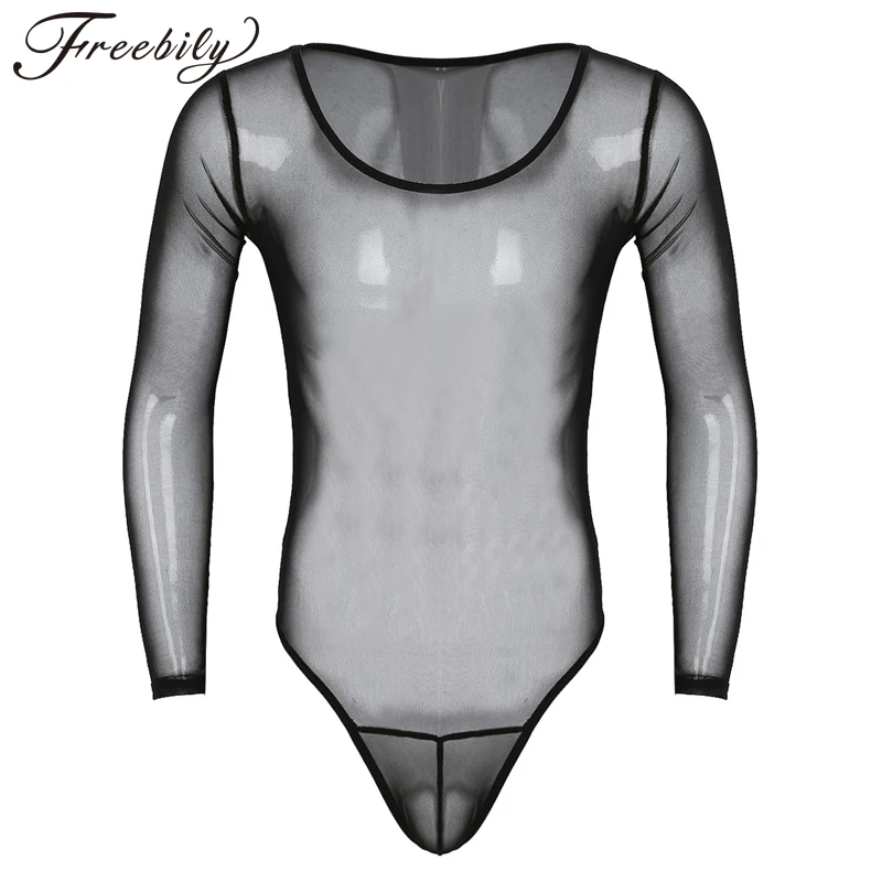 Sexy Men's Shapers One-Piece See Through Mesh Sheer Long Sleeve Scoop Neck High Cut Jumpsuit Bodysuit Lingerie for men