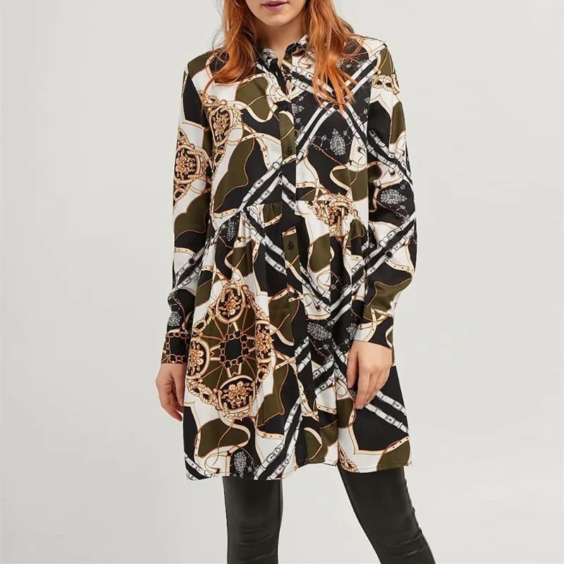 

Spring 2019 women vintage long sleeve chain print shirtdress waist pleats buttons vestidos leisure dresses office lady wear