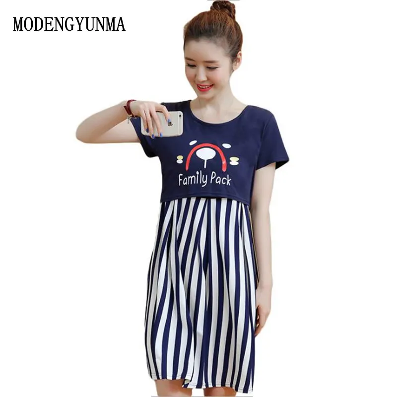 

MODENGYUNMA Summer Striped Cotton Maternity Nursing Dress patchwork Clothes for Pregnant Women Pregnancy Breast Feeding Clothing