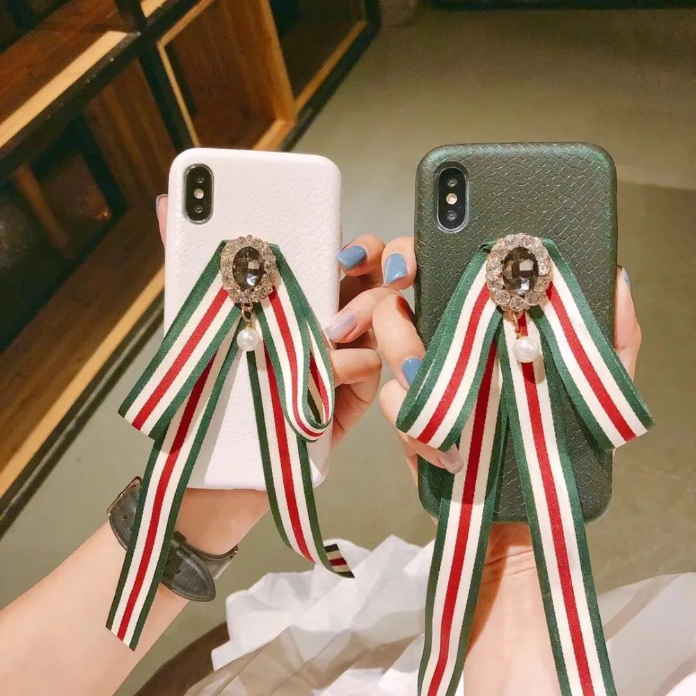 

Kuutti Squishy Vintage Rhinestone Ribbon Green White Women Luxury Phone Cases for iPhone 6 6s 7 8 Plus X Covers Gift for Girls