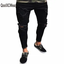 QoolXCWearl Mens Hole Jeans Plus Size S-3XL Slim Biker Casual Denim Skinny Frayed Pants Distressed Rip Jeans Black