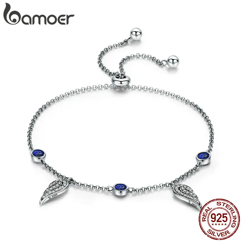 

BAMOER New Arrival 925 Sterling Silver Fairy Wings Feather Chain Link Women Bracelets for Women Fashion Silver Jewelry SCB069