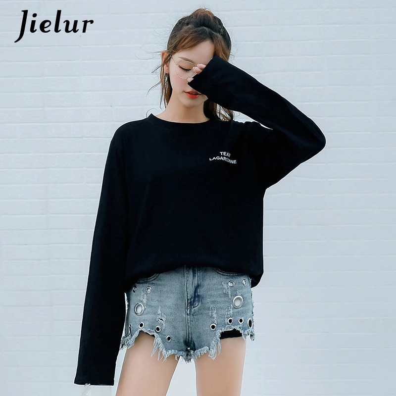 

Jielur 2019 New Harajuku Simple Letters Print T-shirts Women O-Neck Long Sleeve Female Tops Tee Casual Loose Black White T shirt