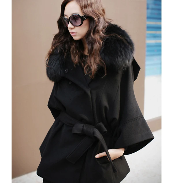 Winter Coat Women Wool Blend Luxury Double Breasted Bat Cape Poncho Women Coat Jacket Faux Fur Collar Hooded Black Plus Size
