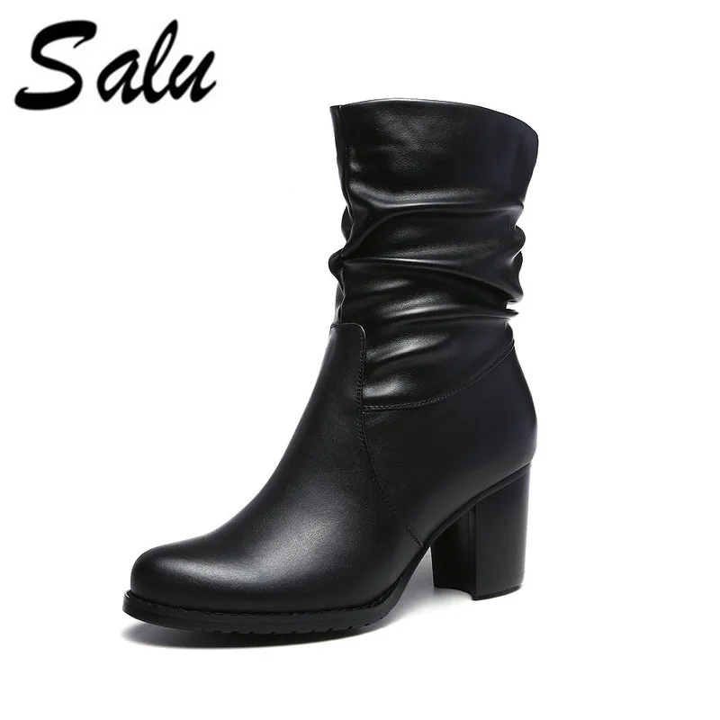 Goede Salu Sexy Vrouwen Laarzen Lederen Winer Hoge Hakken halverwege de kuit Laarzen Schoenen Vrouwen Herfst Dames Korte Laarzen NIEUWE zip Big Size