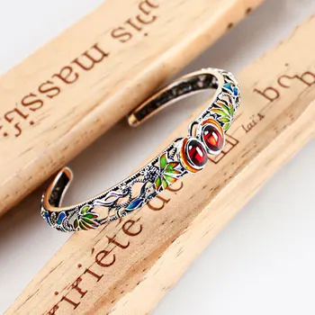 

Red Blue Stone Bangle 925 Sterling Silver Flower MARCASITE Open Size 5.6cm S925 Thai Silver Bangles for Women Jewelry