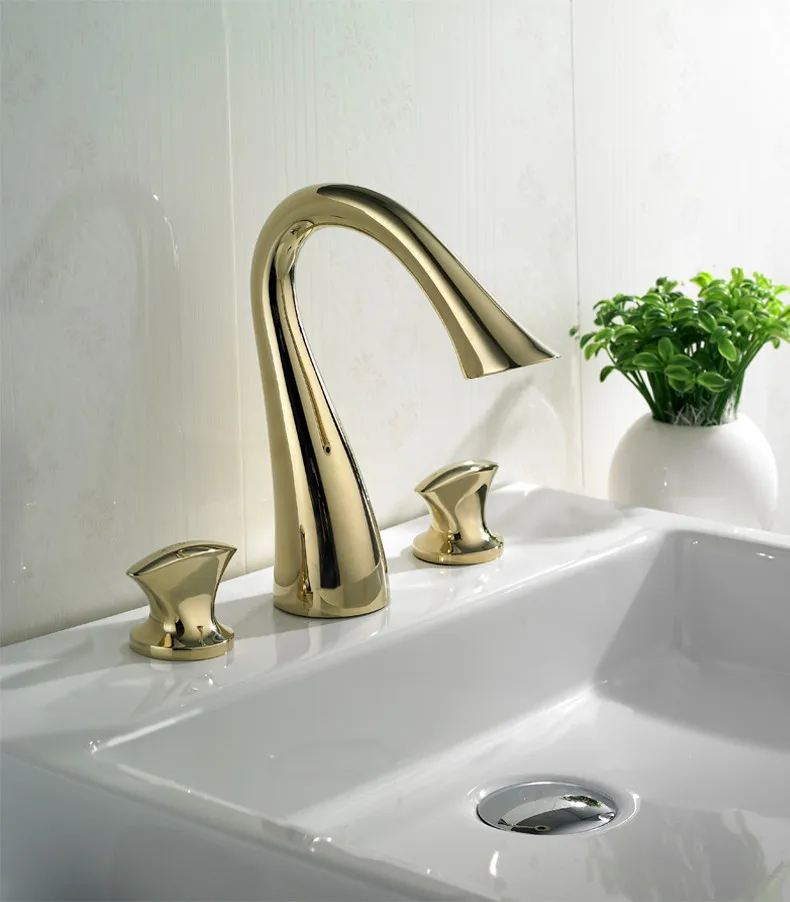 Art Deco Swan Gold Ti PVD Solid Brass Two Handle Bathroom Vanity Sink