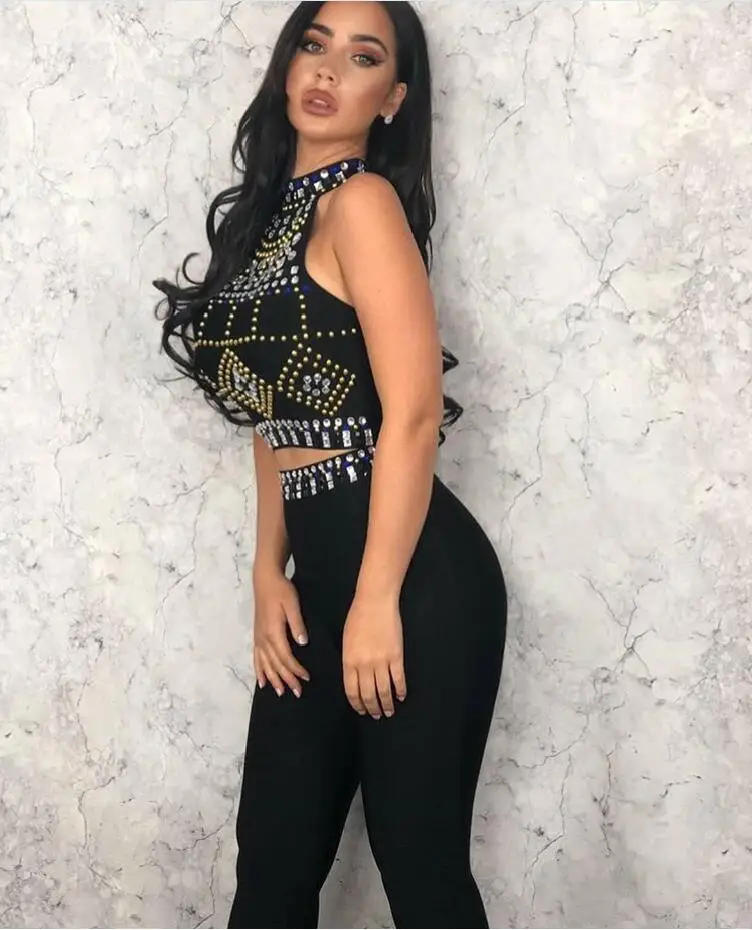 

High Quality Women Clothing Set Sexy Beading 2 Pieces Bandage Sets Crop Tops + Bandage Pants