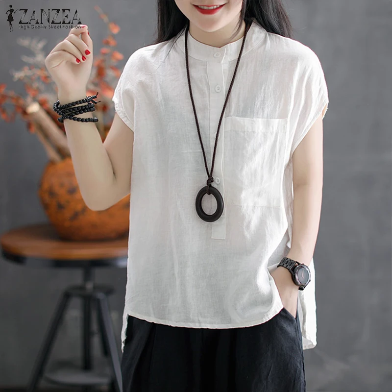  2019 ZANZEA Women Summer Blouse Work OL Blusas Solid Cotton Linen Shirt Casual Short Sleeve Tops Ca