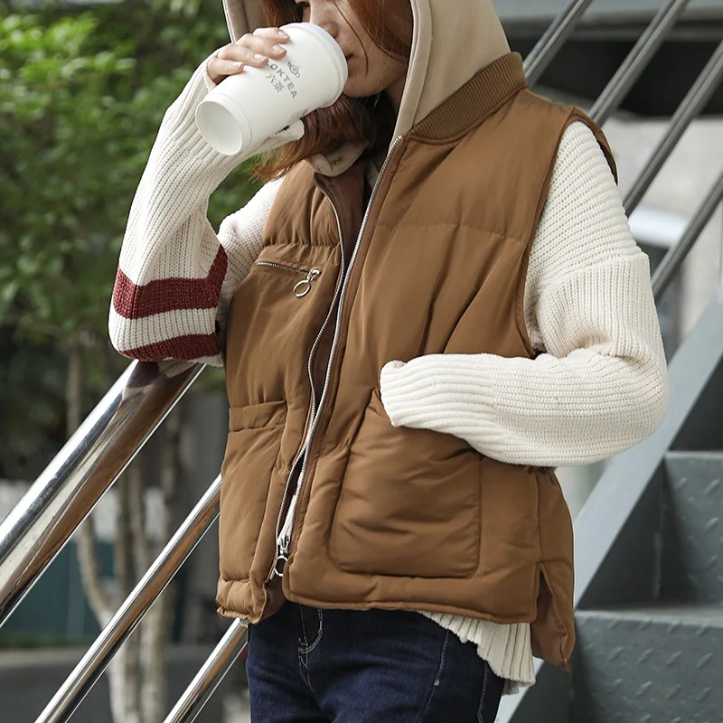 Корейский стиль, шикарный короткий хлопковый жилет с капюшоном, теплое зимнее пальто с капюшоном, безрукавка