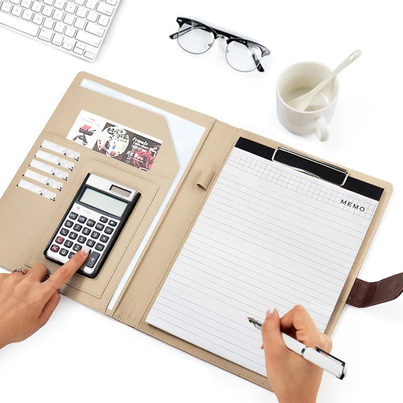 

PU Leather A4 Portable Business Portfolio Padfolio Folder Document Cover Organizer with Calculator Holder Memo Note Writing Pad