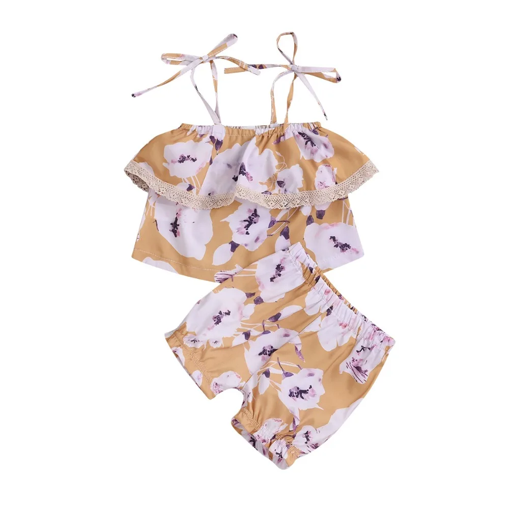 

2019 Baby Girls fashion tops + short pant 2pcs outfits flower printed yellow colour choose sizes