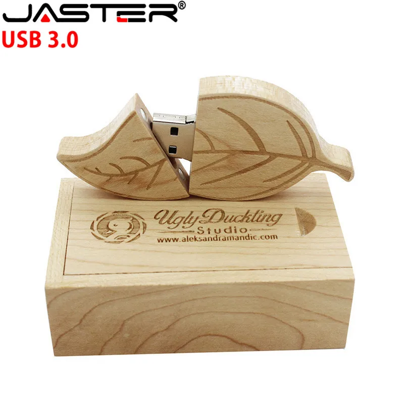 

JASTER USB 3.0 (5 PCS free LOGO) wooden leaf + packing box usb flash drive Memory stick pendriver 8GB 16GB 32GB 64GB gift