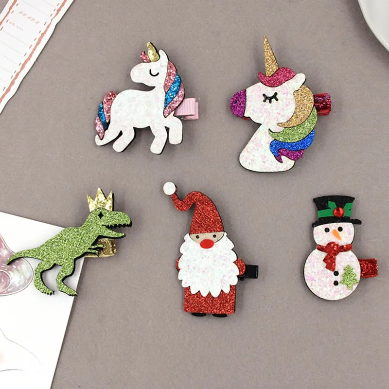 

Xmas Children's Hair Accessories Christmas Bright Pink Santa Snowman Unicorn Dinosaur Hairpin Cute Cartoon Hair Clip Headdress