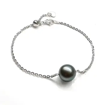 

9-11mm Black Gray Genuine Tahitian Pearl Charm Bracelet Bangle Platinum Plated
