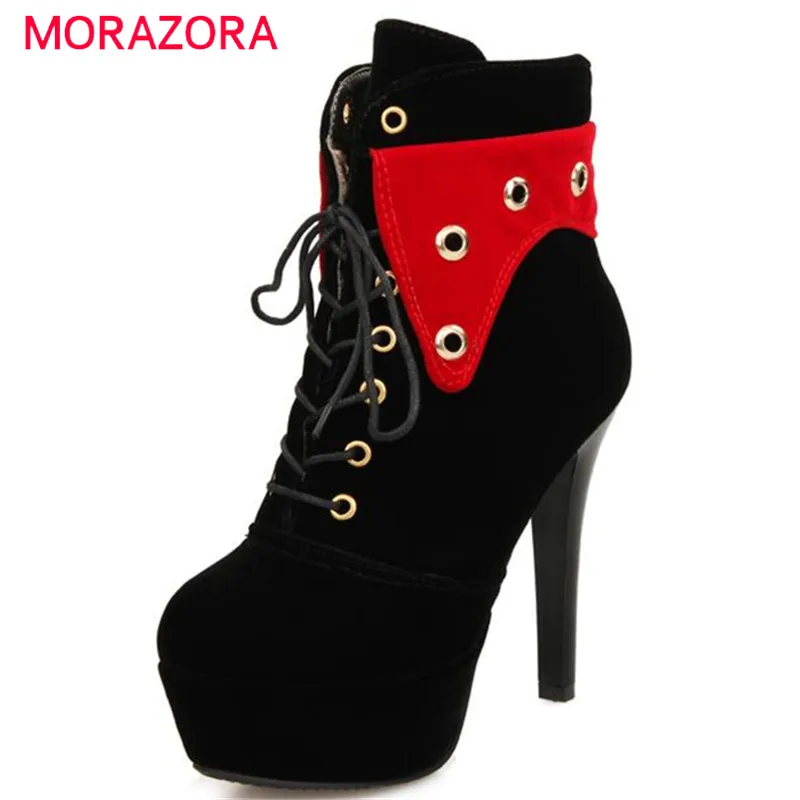

MORAZORA Autumn new women boots mixed colors ankle boots lace-up PU leather boots platform shoes high heels party fashion