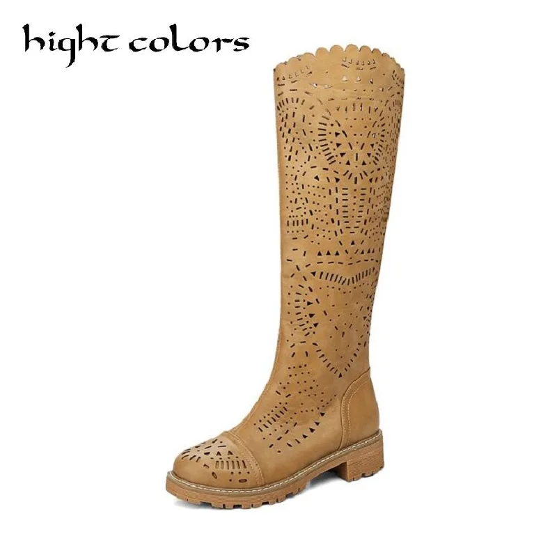 

2019 Spring Summer Fashion Cutout Cool Boots For Women White Yellow High-Leg Single Boots Round Toe Thick Heels Shoes US 10.5