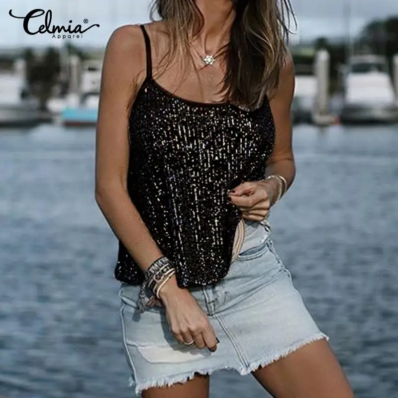 

2019 Celmia Summer Tank Tops Women Vest Sexy Spaghetti Strap Sequined Camis Sleeveless Shirt Ladies Casual Club Blusas Plus Size