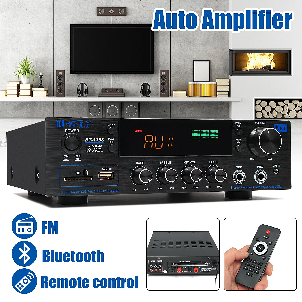 

220V-240V 1388 2*200W bluetooth Stereo 2.0 Amplifier HiFi Power Remote Control USB SD Aux Mic Input Auto Amplifier