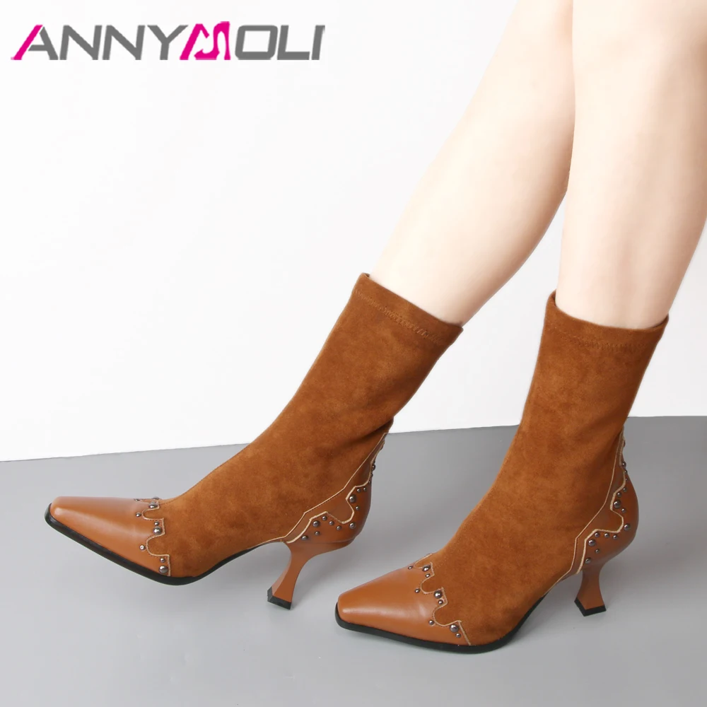 

ANNYMOLI Natural Genuine Leather Boots Shoes Women Ladies Mid Calf Boots Rivets Winter Strange High Heel Fashion Brand Luxury