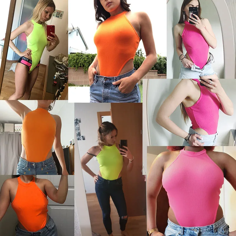 backless bodysuit Ahagaga 2020 Fashion Romper Neon Green Red Orange Sexy Bodysuit Summer Clothes for Women Casual Streetwear Bodycon Jumpsuits corset bodysuit