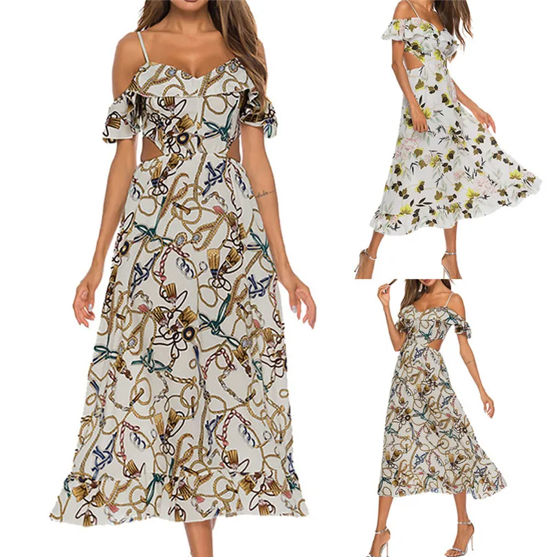 Off Shoulder Sexy Dress Women Flower Print Boho Dress Summer Beach Party Wedding Long Dresses For Women Elegant Elbise 40APR213