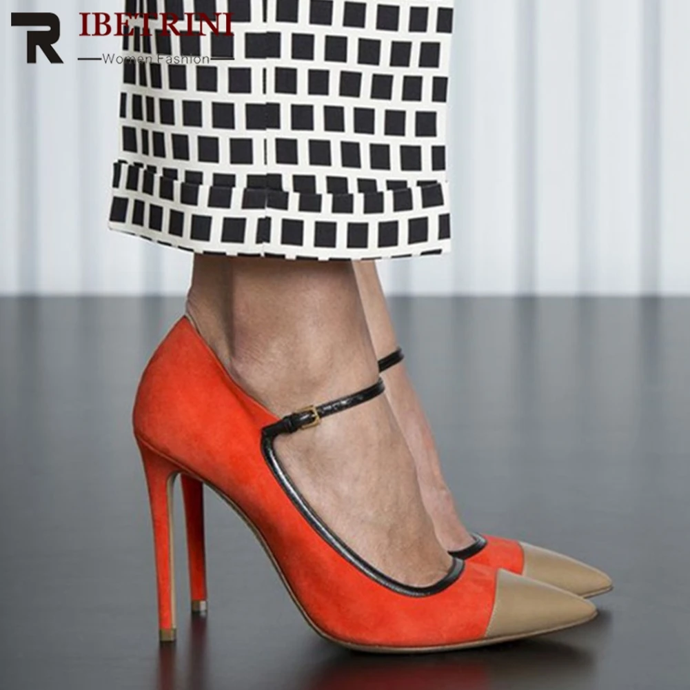 

RIBETRINI Brand Design Big Size 35-47 Sexy Pointed Toe Mary Janes Woman Shoes High Heels Party Shoes Woman Pumps