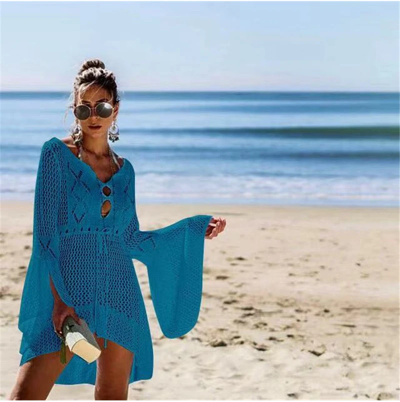 Модное женское кружевное вязаное крючком Сетчатое бикини, элегантное пляжное платье, купальный костюм, платье-туника, Плайя, свободный купальный костюм s