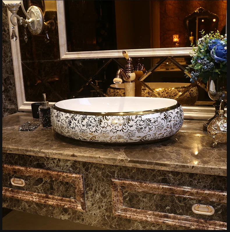 Oval gold chinese wash basin sink bathroom sink bowl countertop Ceramic wash basin bathroom sink painted sink (5)