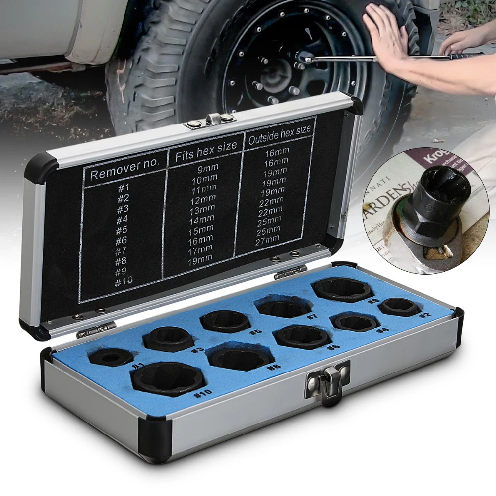 

11 Pcs/set Damaged Bolt Nut Screw Remover Extractor New Electrician Woodworking Nut Removal Set Socket Tool Black 9-19mm