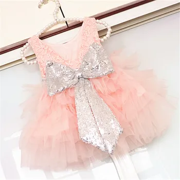 

2018 V Back Girl's Summer Dresses With Sliver Oversize Sequied Bow Princess puffy Lace Boutique Costume Wedding Formal 18PHW0065