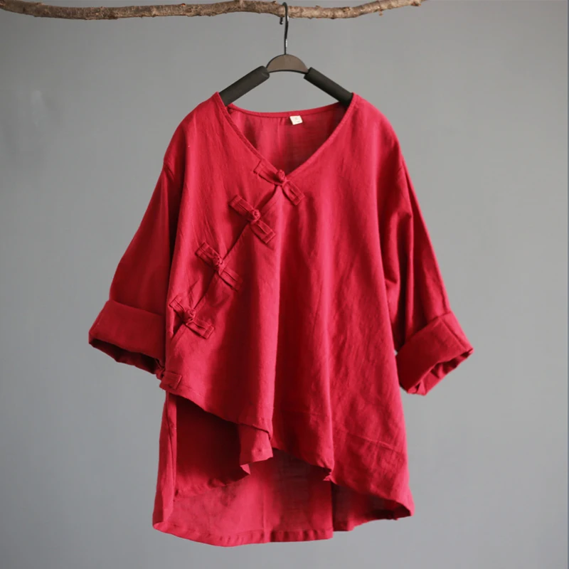 

Johnature Women Shirts 2019 Autumn New Casual Blouses Nine Sleeve V-Neck Button Loose Vintage Cotton Chinese Style Top Irregular