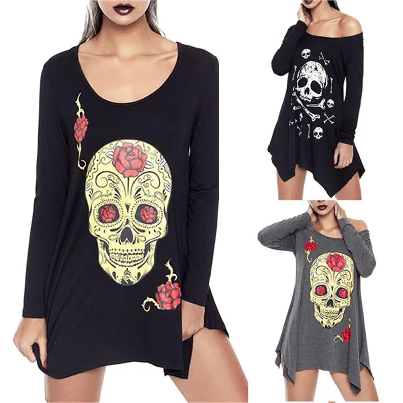

Women Blouse Fashion Women O-Neck Blouse Halloween Skull Printed Long Sleeve Tops