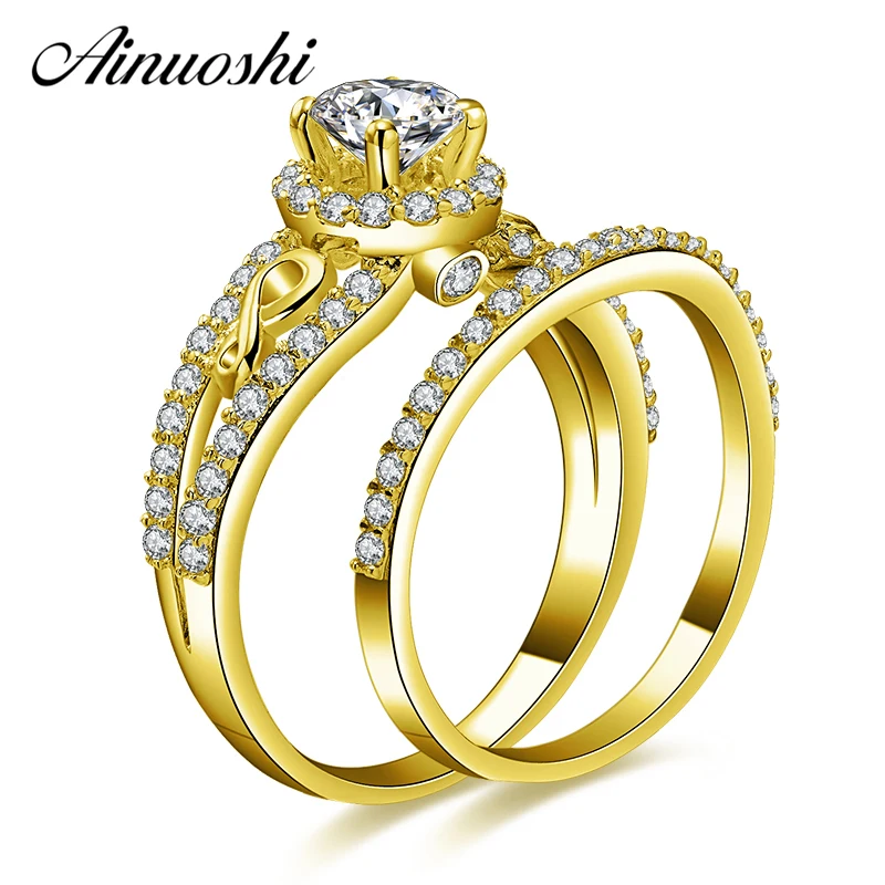 

AINUOSHI 10k Solid Yellow Gold Halo Ring Set 0.5ct Round Cut Weaving Ring Set Luxurious Engagement Wedding Jewelry For Female