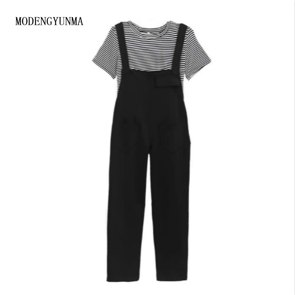 MODENGYUNMA/комплект для беременных брюки на лямках + Полосатые блузки два костюма
