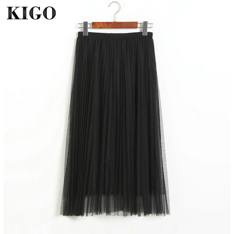 KIGO Ladies Elegant High Waist Pleated Skirt Midi Tulle ...