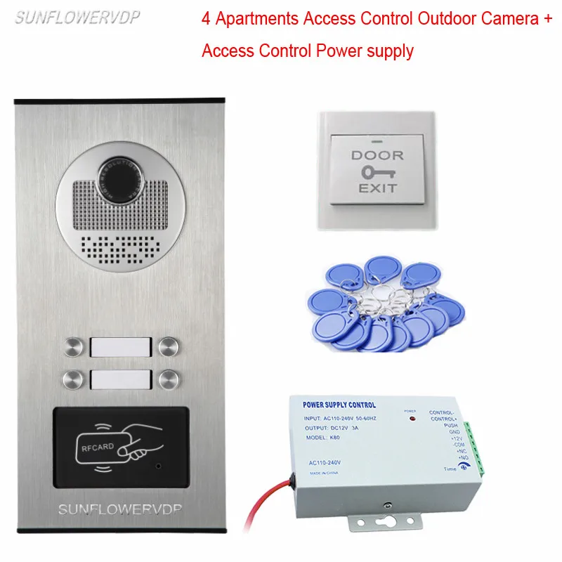 

For 4 Different Apartments Intercom Home Rfid Video Doorphone CCD Outdoor Camera With Access Control Power Supply System Unit