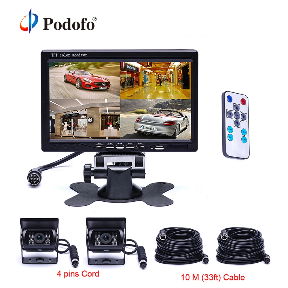 

Podofo 7" Split Screen Quad Monitor for Auto 18 IR Night Vision Backup Camera Aviation 4 Pins Car Rear View Camera for RV Truck